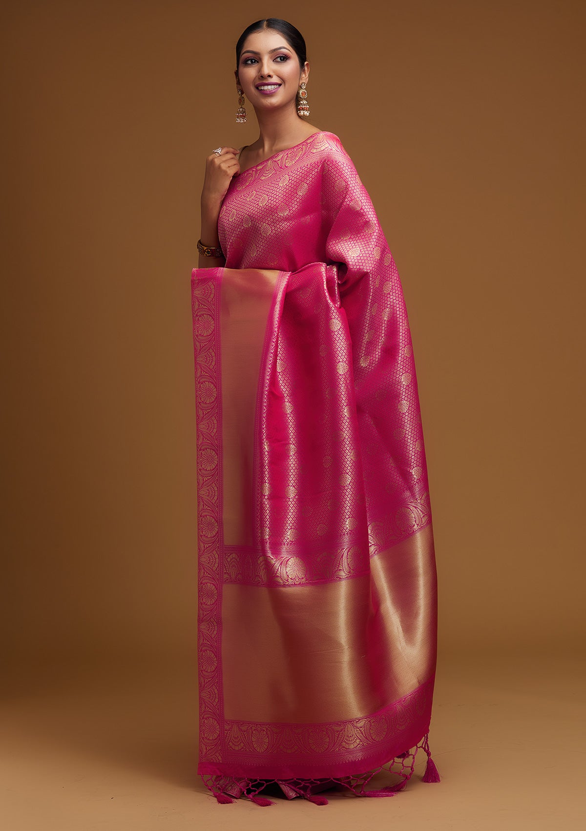 Rani Pink Zariwork Brocade Designer Saree - Koskii