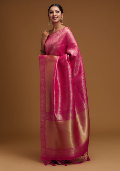 Rani Pink Zariwork Brocade Designer Saree - Koskii