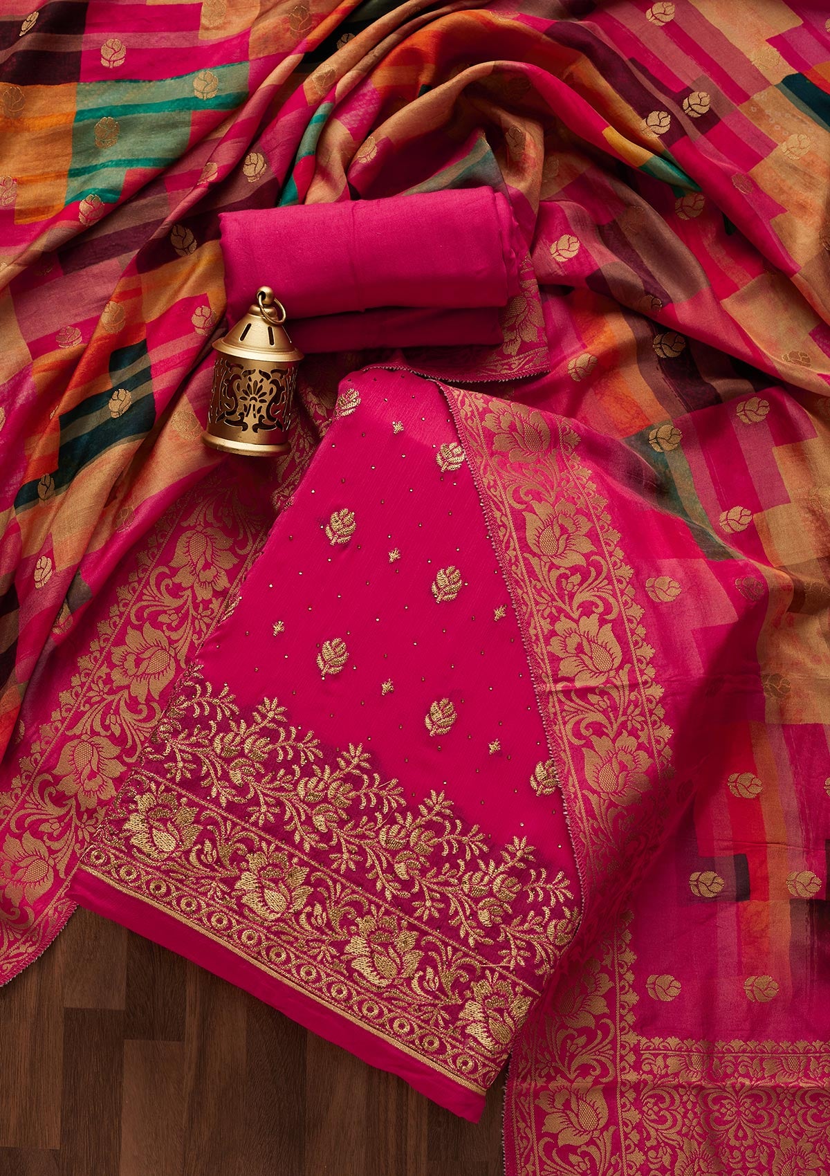 Rani Pink Zariwork Chanderi Designer Unstitched Salwar Suit - Koskii