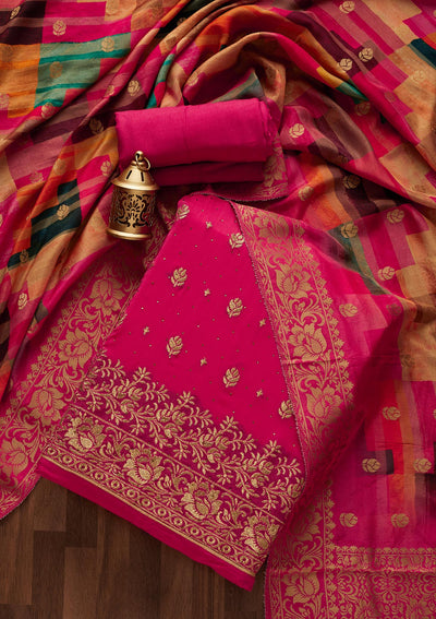 Rani Pink Zariwork Chanderi Designer Unstitched Salwar Suit - Koskii
