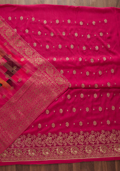 Rani Pink Zariwork Chanderi Designer Unstitched Salwar Suit - Koskii