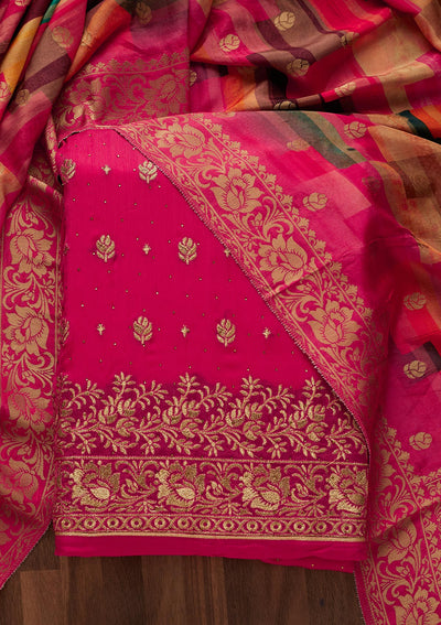 Rani Pink Zariwork Chanderi Designer Unstitched Salwar Suit - Koskii