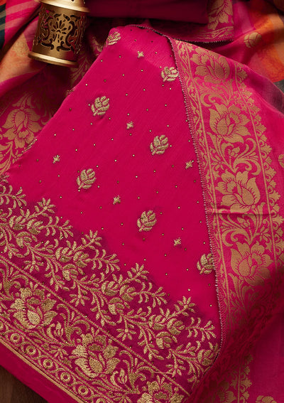 Rani Pink Zariwork Chanderi Designer Unstitched Salwar Suit - Koskii