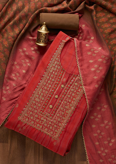 Rani Pink Zariwork Cotton  Semi-Stitched Salwar Suit- Koskii