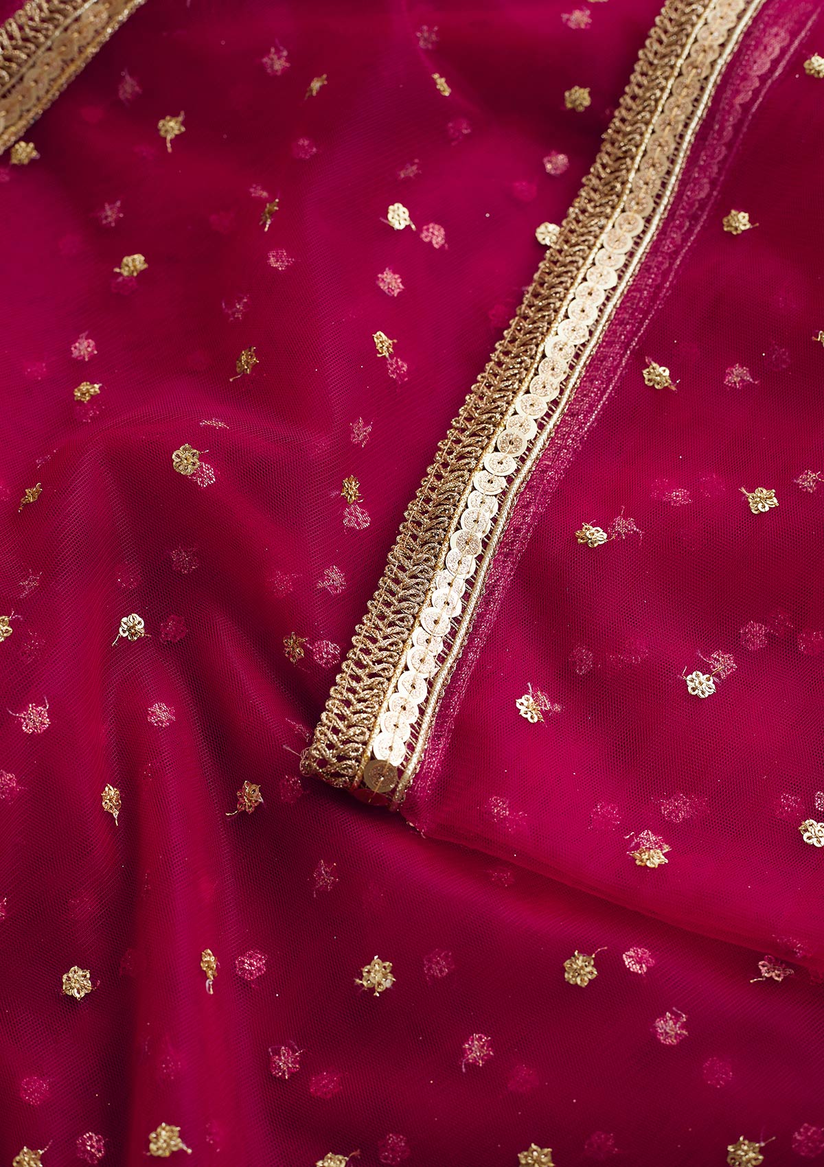 Rani Pink Zariwork Net Readymade Dupatta-Koskii