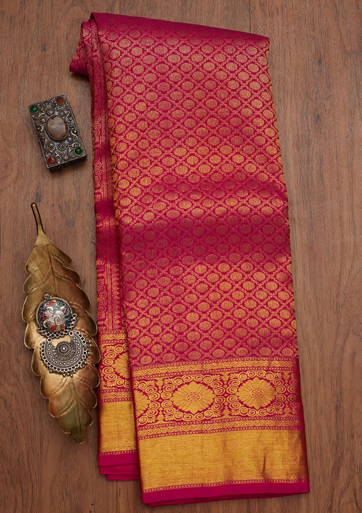 Rani Pink Zariwork Pure Silk Designer Saree - koskii