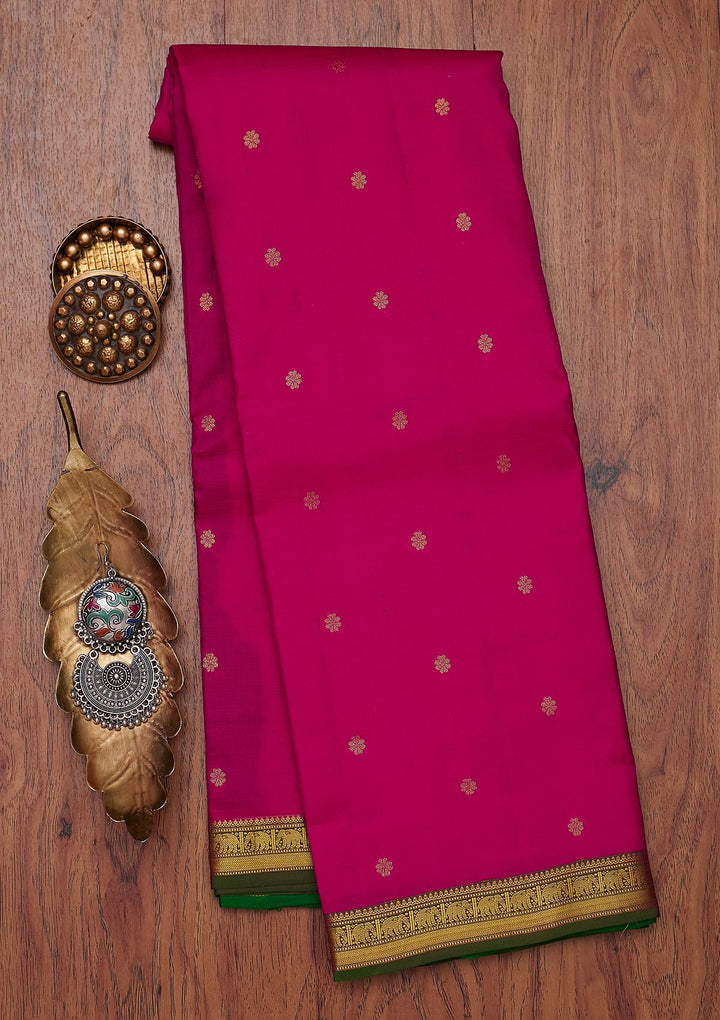 Rani Pink Zariwork Pure Silk Designer Unstitched Saree - Koskii