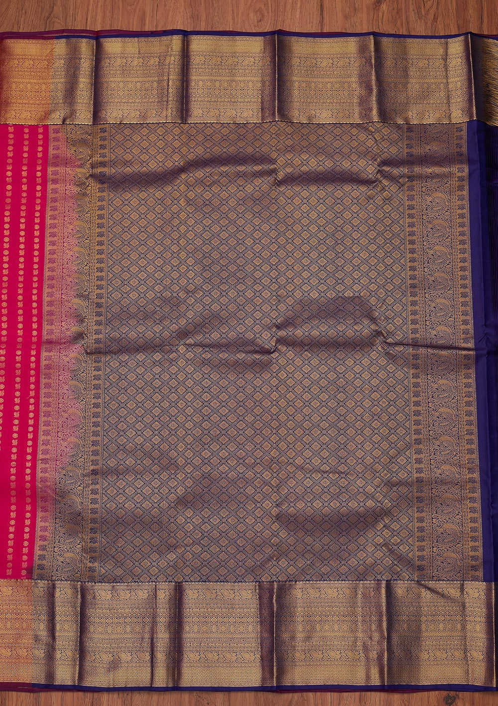 Rani Pink Zariwork Pure Silk Designer Unstitched Saree - Koskii