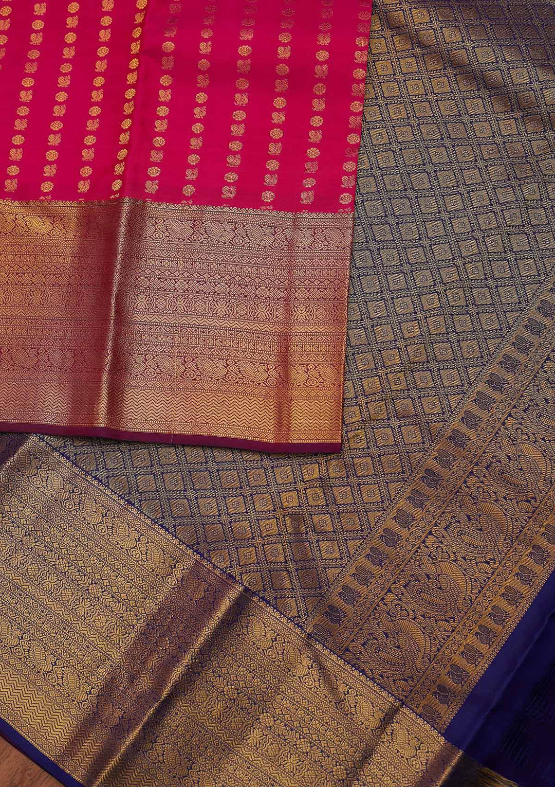 Rani Pink Zariwork Pure Silk Designer Unstitched Saree - Koskii