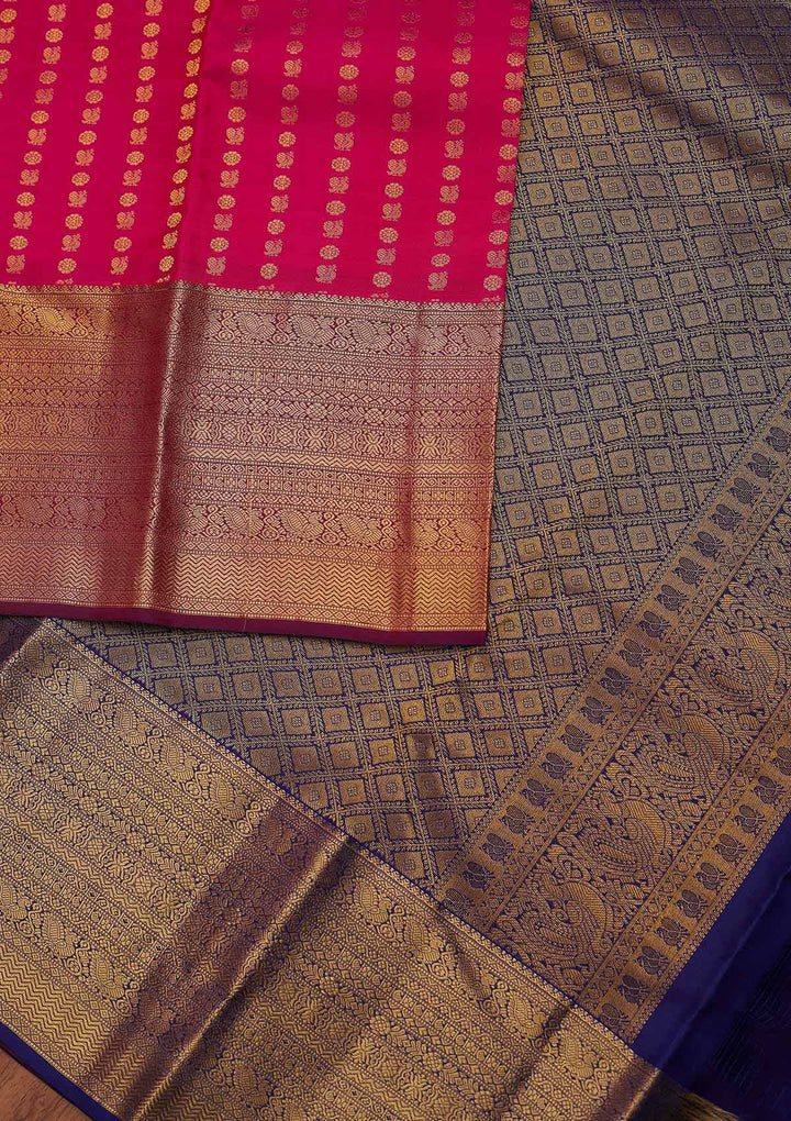 Rani Pink Zariwork Pure Silk Designer Unstitched Saree - Koskii