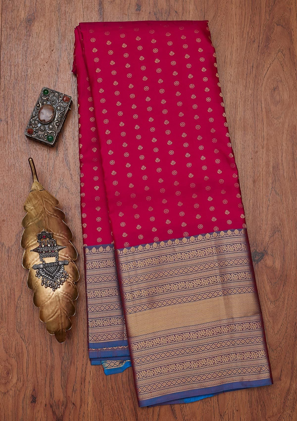 Rani Pink Zariwork Pure Silk Designer Unstitched Saree - Koskii