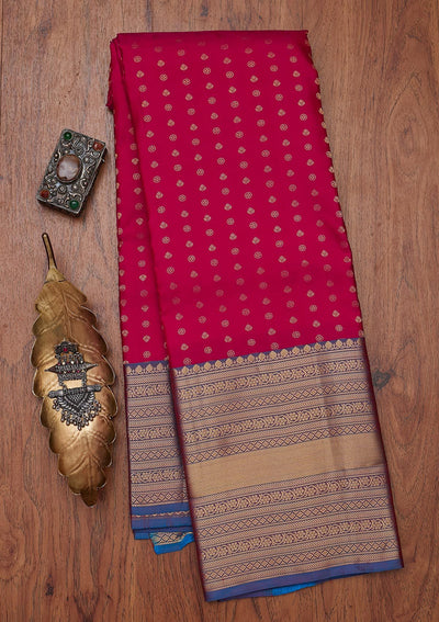 Rani Pink Zariwork Pure Silk Designer Unstitched Saree - Koskii