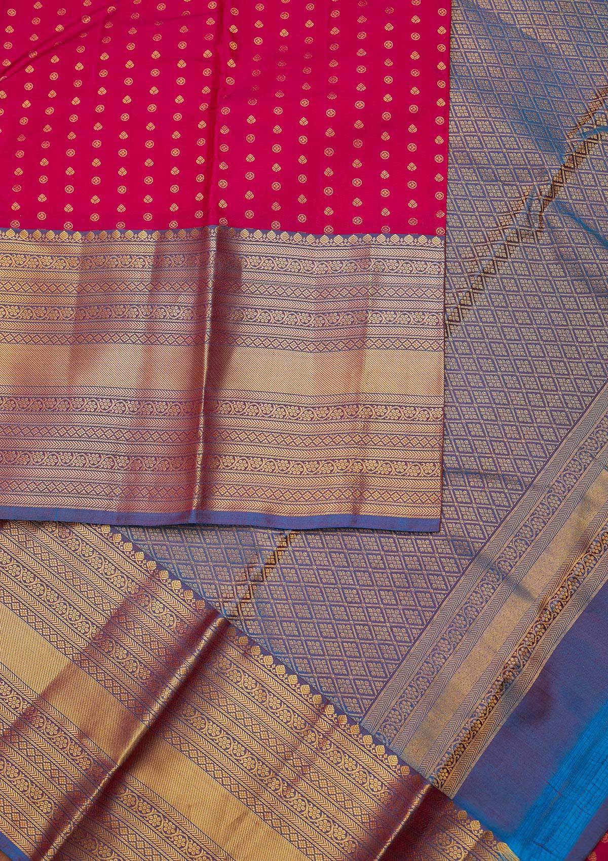 Rani Pink Zariwork Pure Silk Designer Unstitched Saree - Koskii