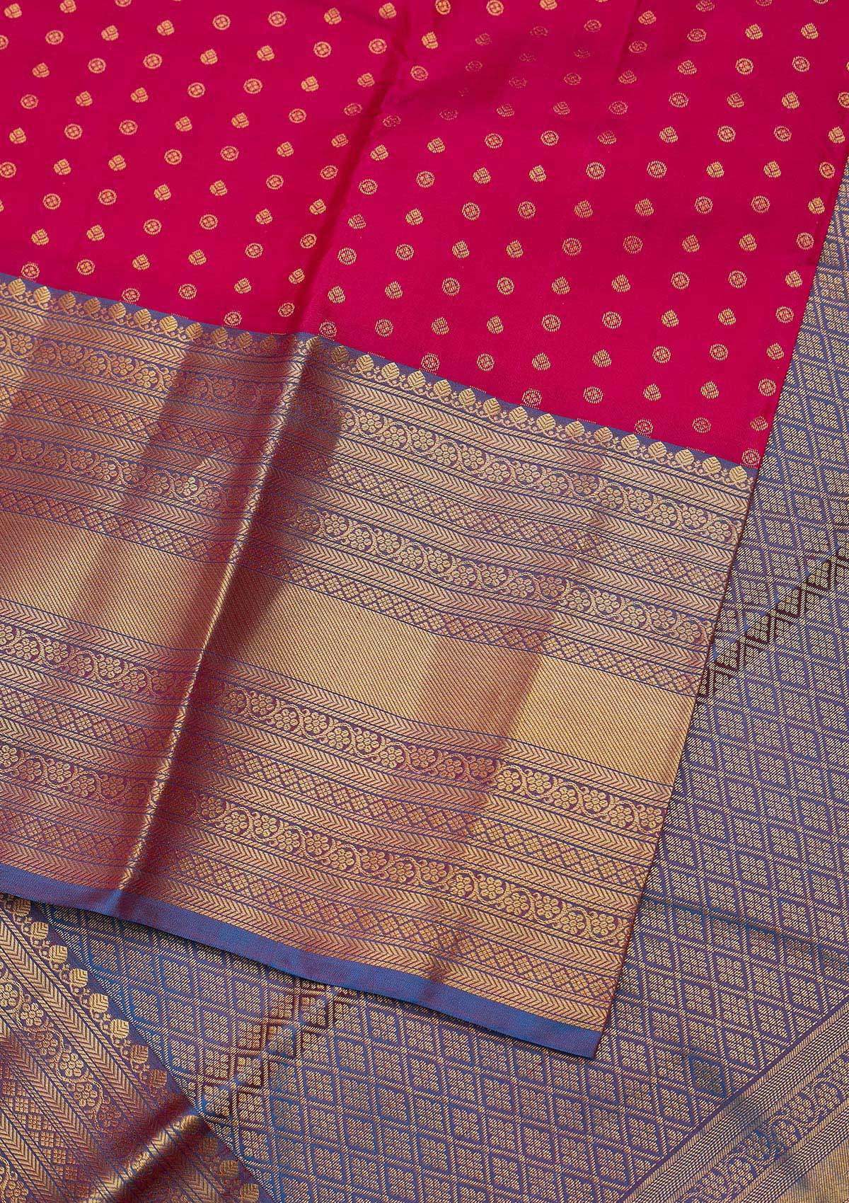 Rani Pink Zariwork Pure Silk Designer Unstitched Saree - Koskii