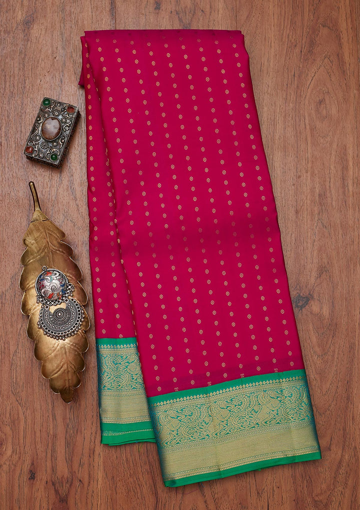 Rani Pink Zariwork Pure Silk Designer Unstitched Saree - Koskii