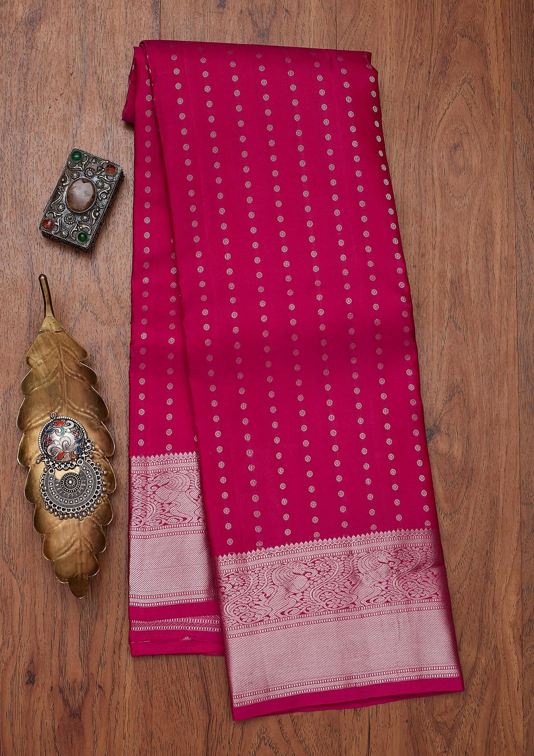 Rani Pink Zariwork Pure Silk Designer Unstitched Saree - Koskii