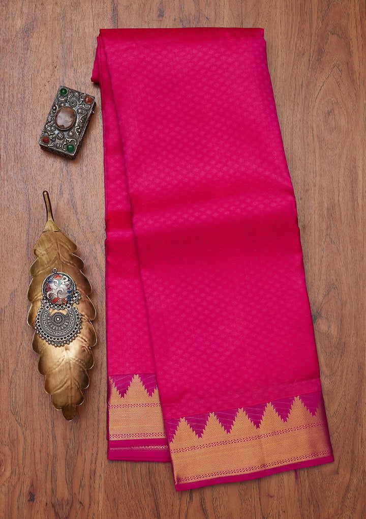 Rani Pink Zariwork Pure Silk Designer Unstitched Saree - Koskii