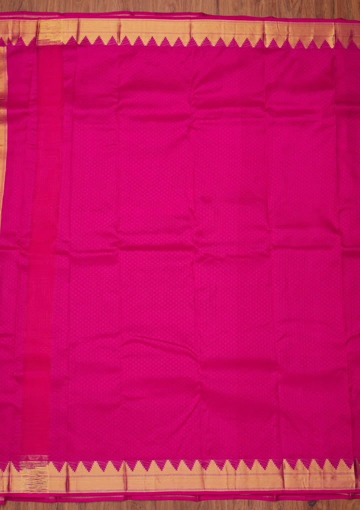 Rani Pink Zariwork Pure Silk Designer Unstitched Saree - Koskii