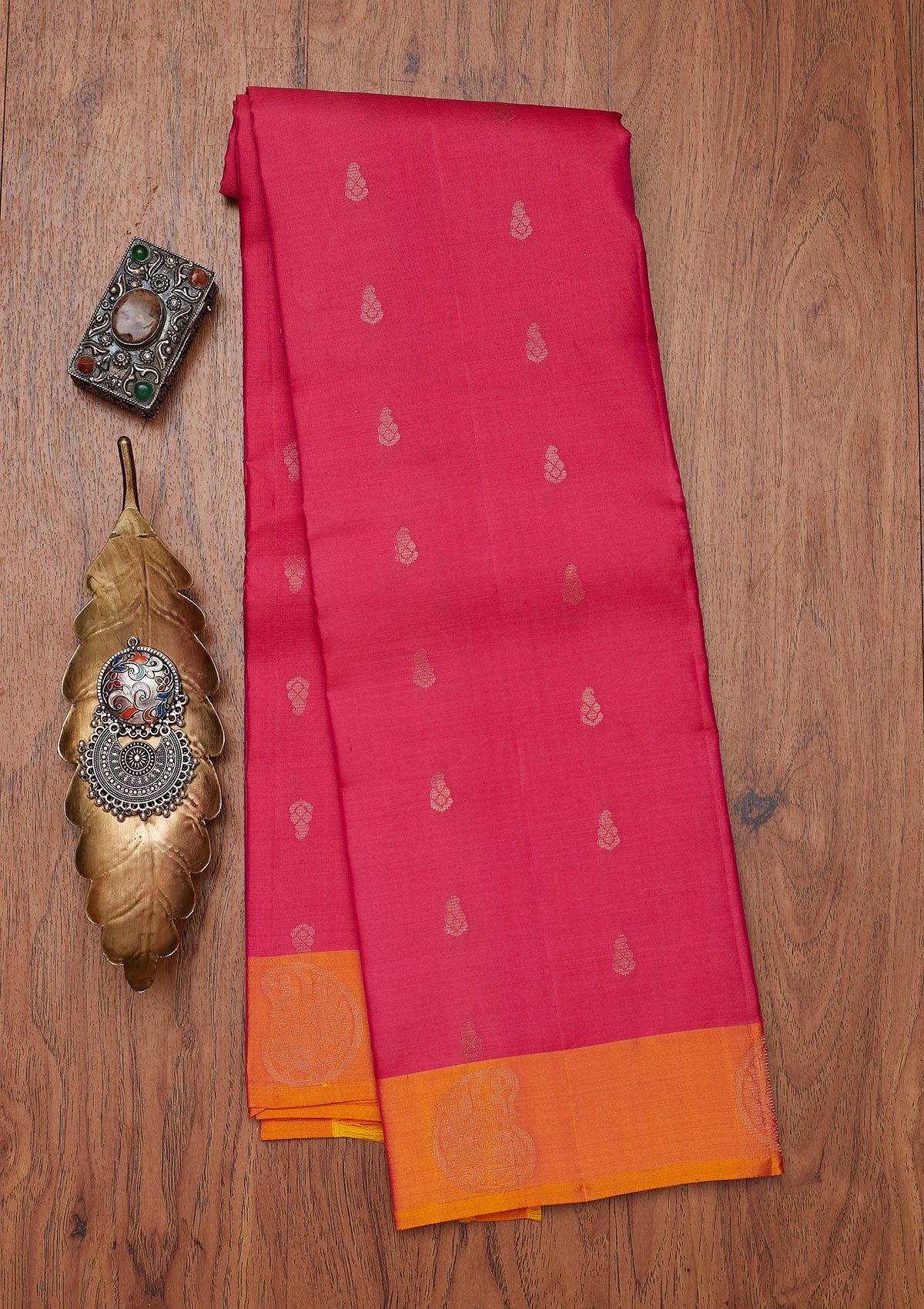 Rani Pink Zariwork Pure Silk Designer Unstitched Saree - Koskii