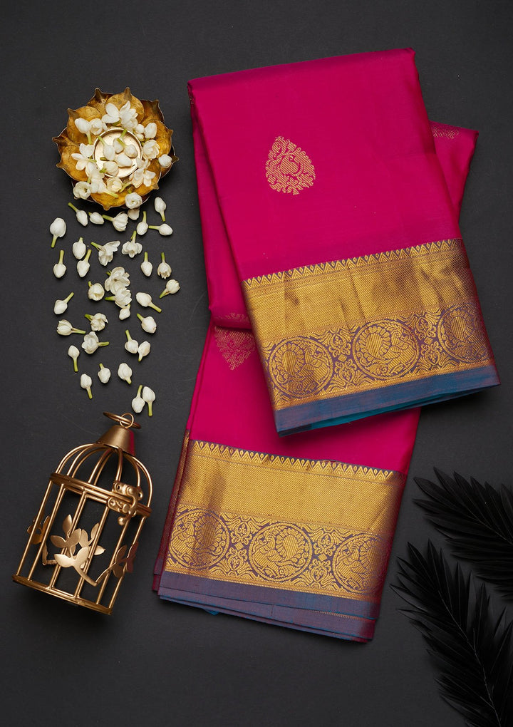 Rani Pink Zariwork Pure Silk Designer Saree - Koskii