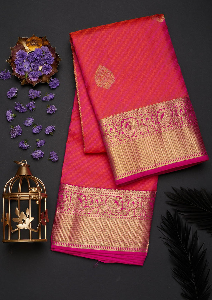 Rani Pink Zariwork Pure Silk Designer Saree - Koskii