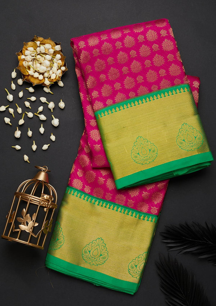 Rani Pink Zariwork Pure Silk Designer Saree - Koskii