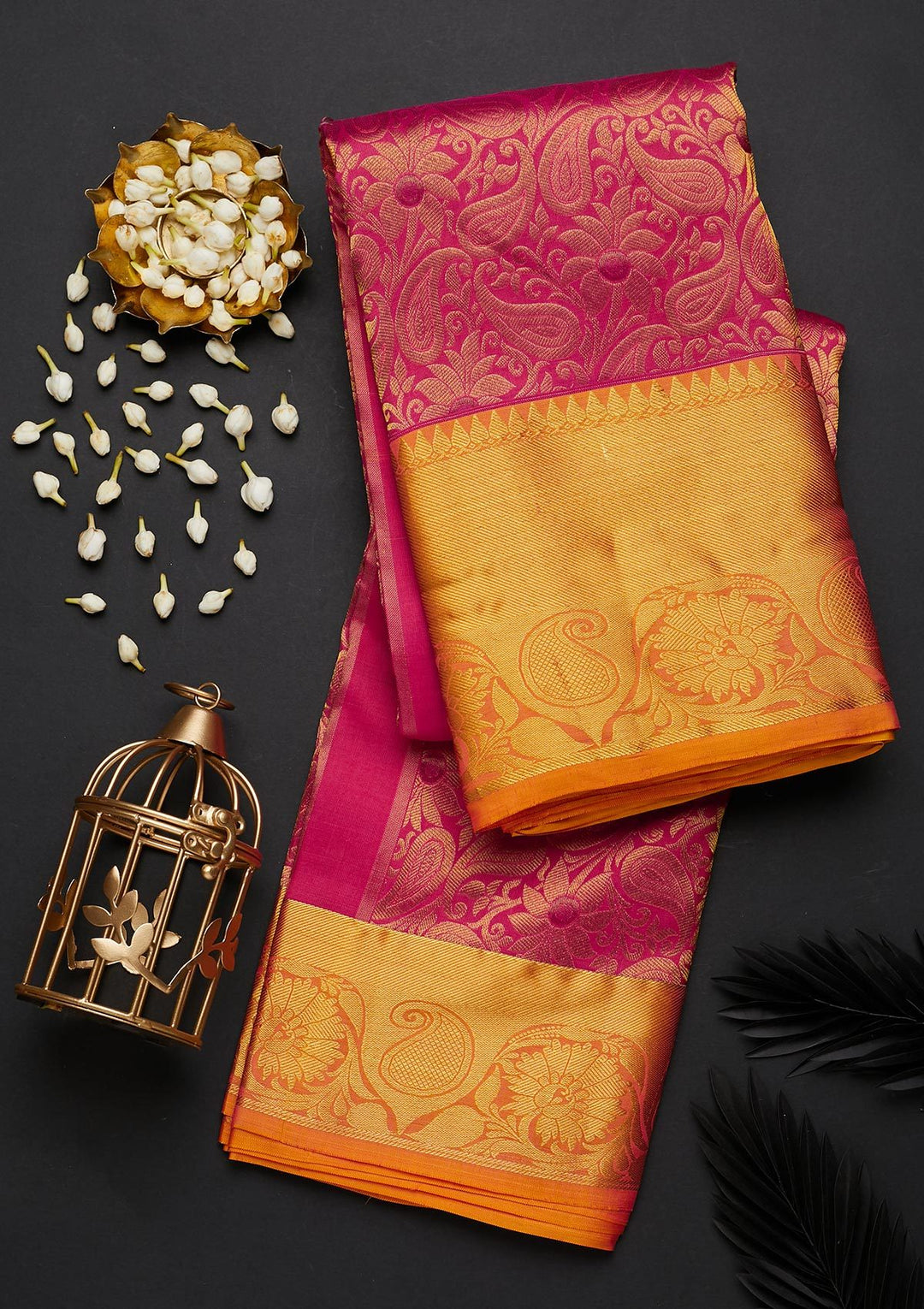 Rani Pink Zariwork Pure Silk Designer Saree - Koskii