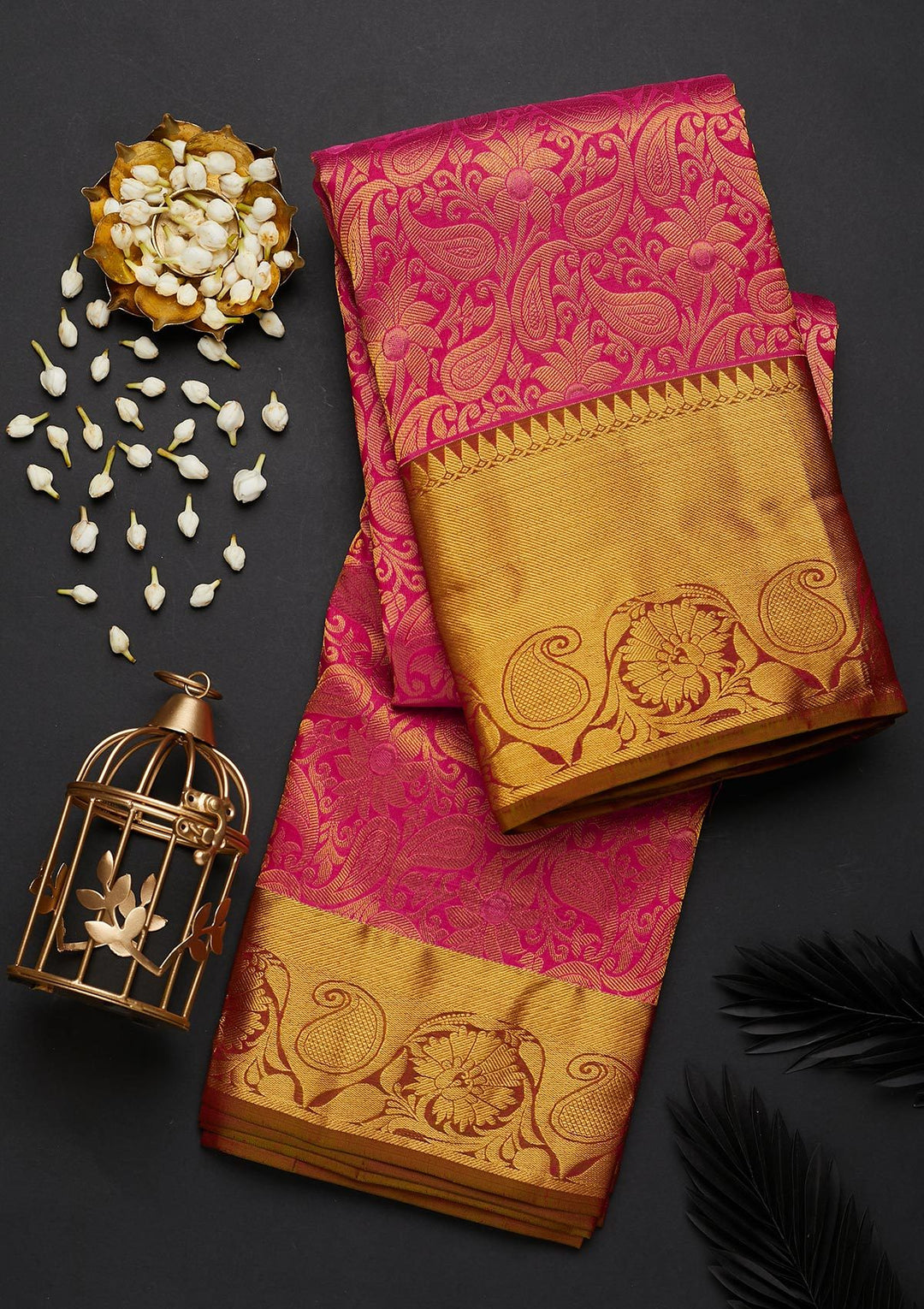 Rani Pink Zariwork Pure Silk Designer Saree - Koskii
