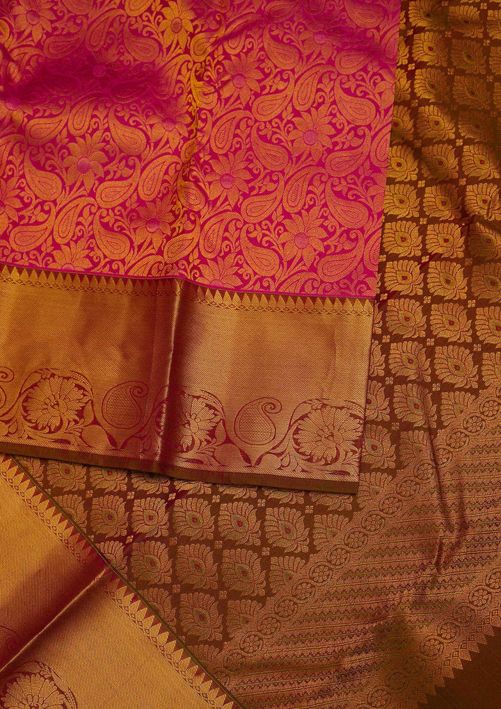 Rani Pink Zariwork Pure Silk Designer Saree - Koskii