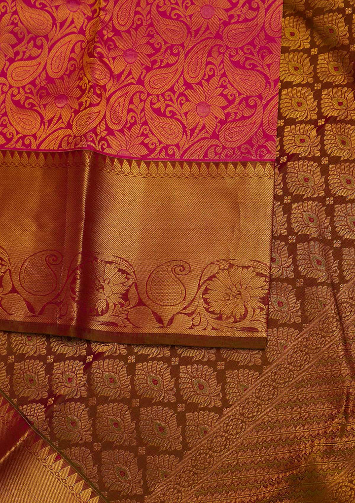 Rani Pink Zariwork Pure Silk Designer Saree - Koskii