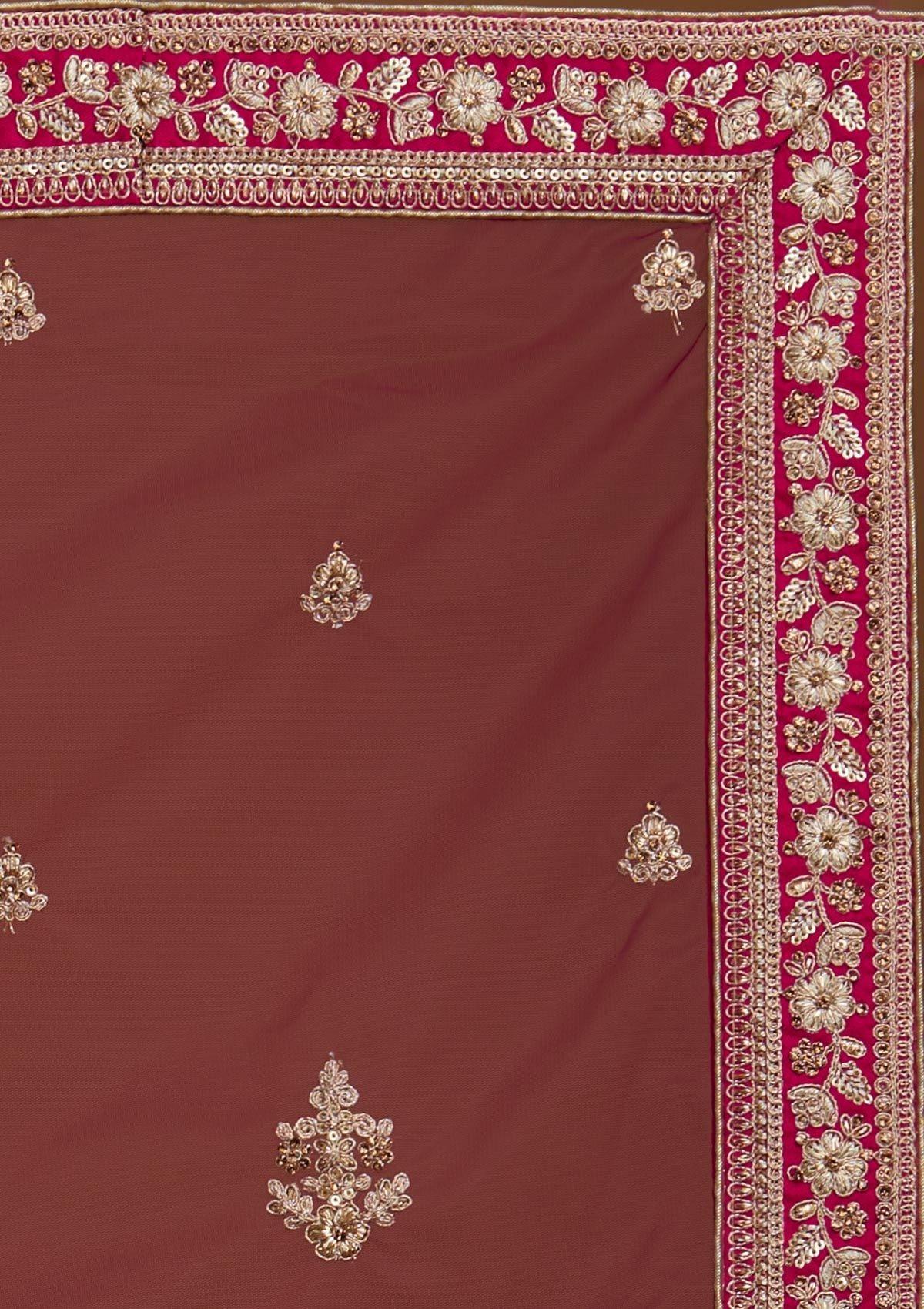 Rani Pink Zariwork Raw Silk Designer Semi-Stitched Lehenga - koskii