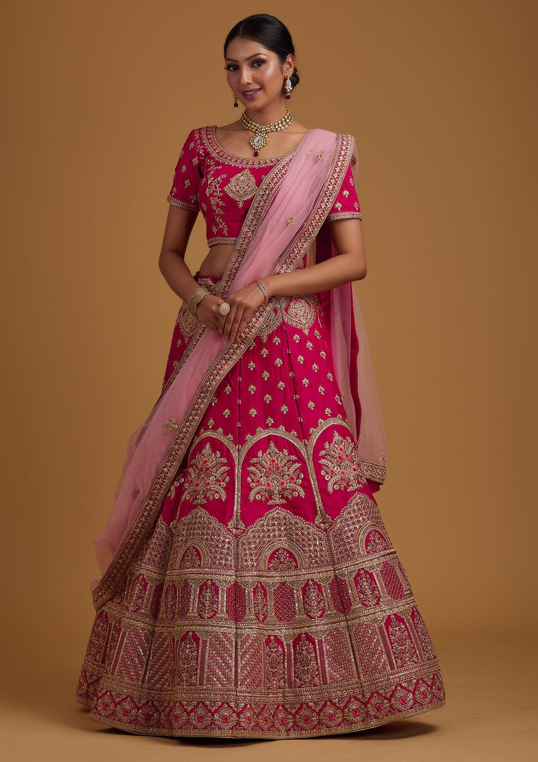 Rani Pink Zariwork Raw Silk Designer Semi-Stitched Lehenga - koskii
