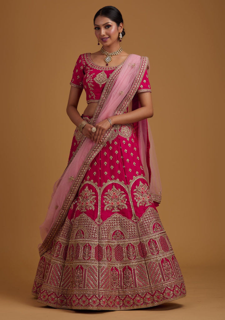 Rani Pink Zariwork Raw Silk Designer Semi-Stitched Lehenga - koskii