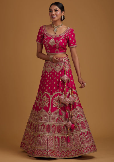 Rani Pink Zariwork Raw Silk Designer Semi-Stitched Lehenga - koskii