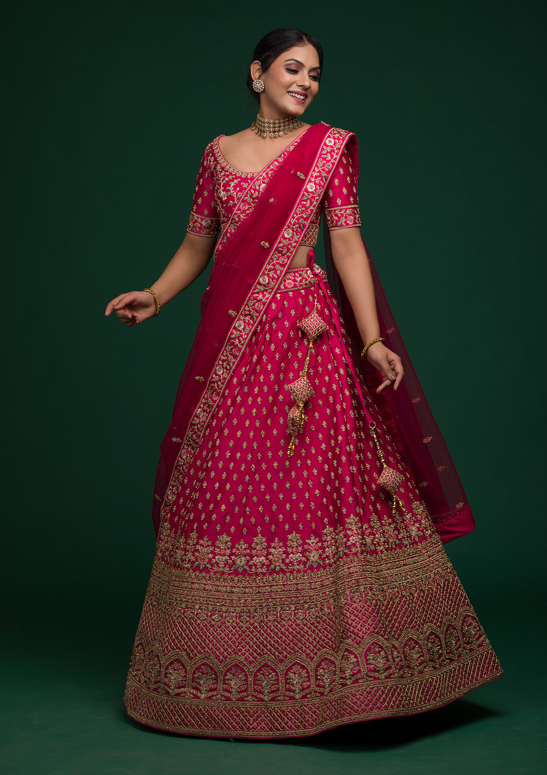 Rani Pink Zariwork Raw Silk Lehenga-Koskii