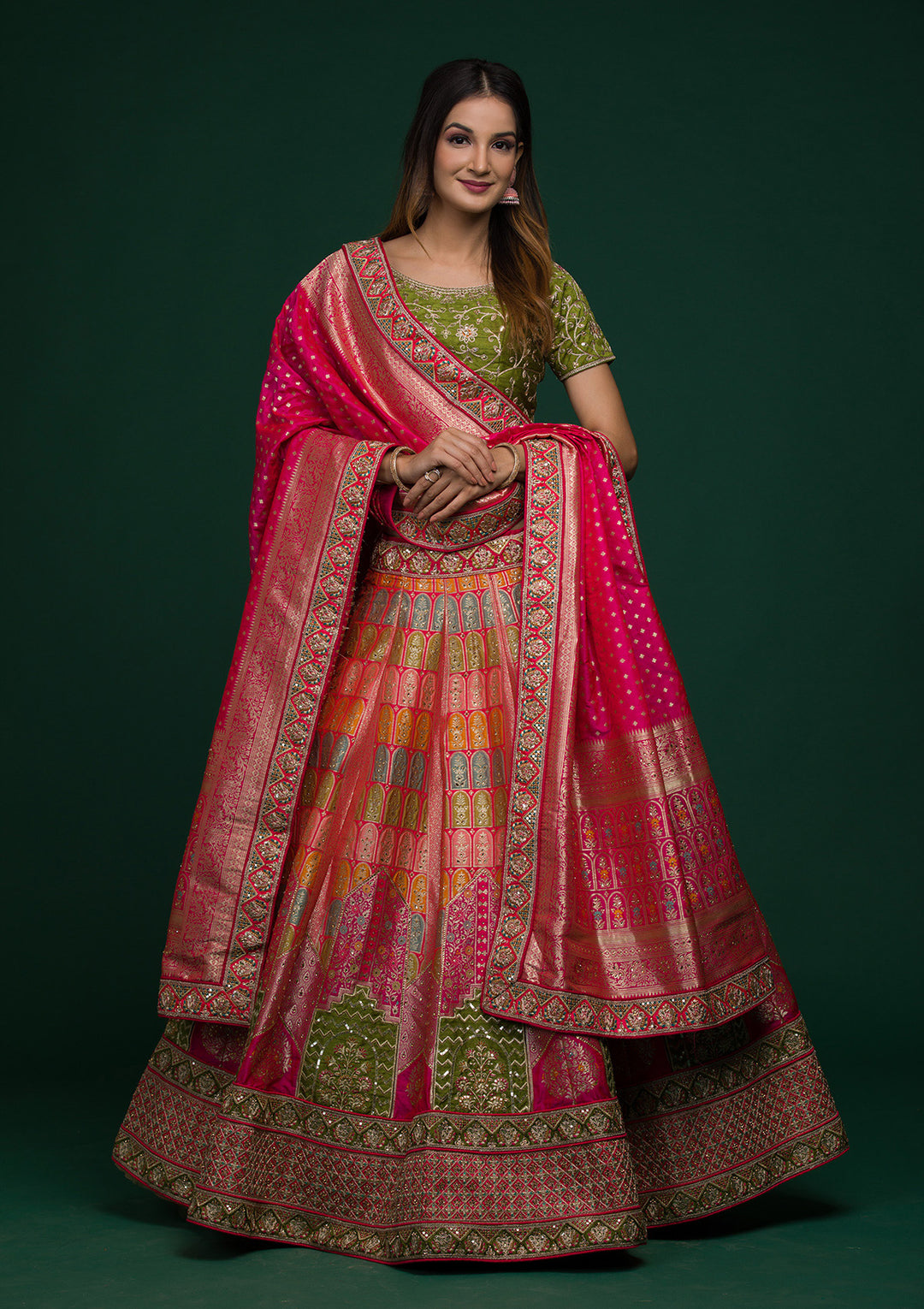 Rani Pink Zariwork Raw Silk Lehenga-Koskii