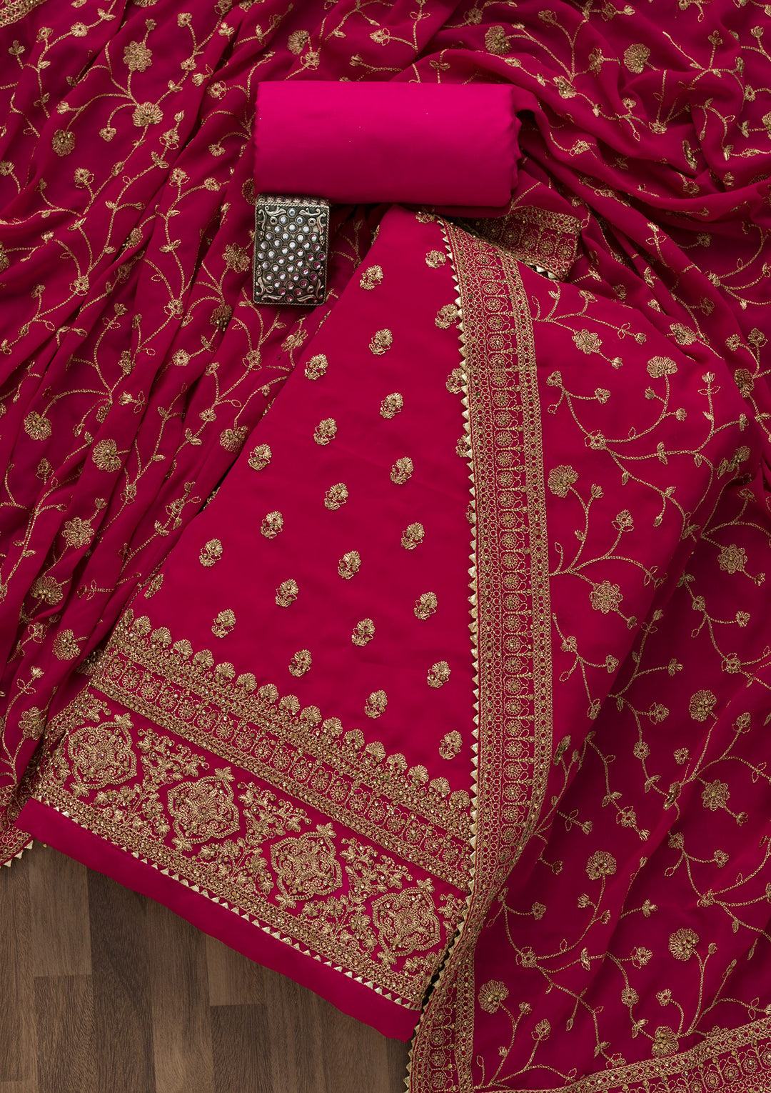Rani Pink Zariwork Raw Silk Unstitched Salwar Suit-Koskii