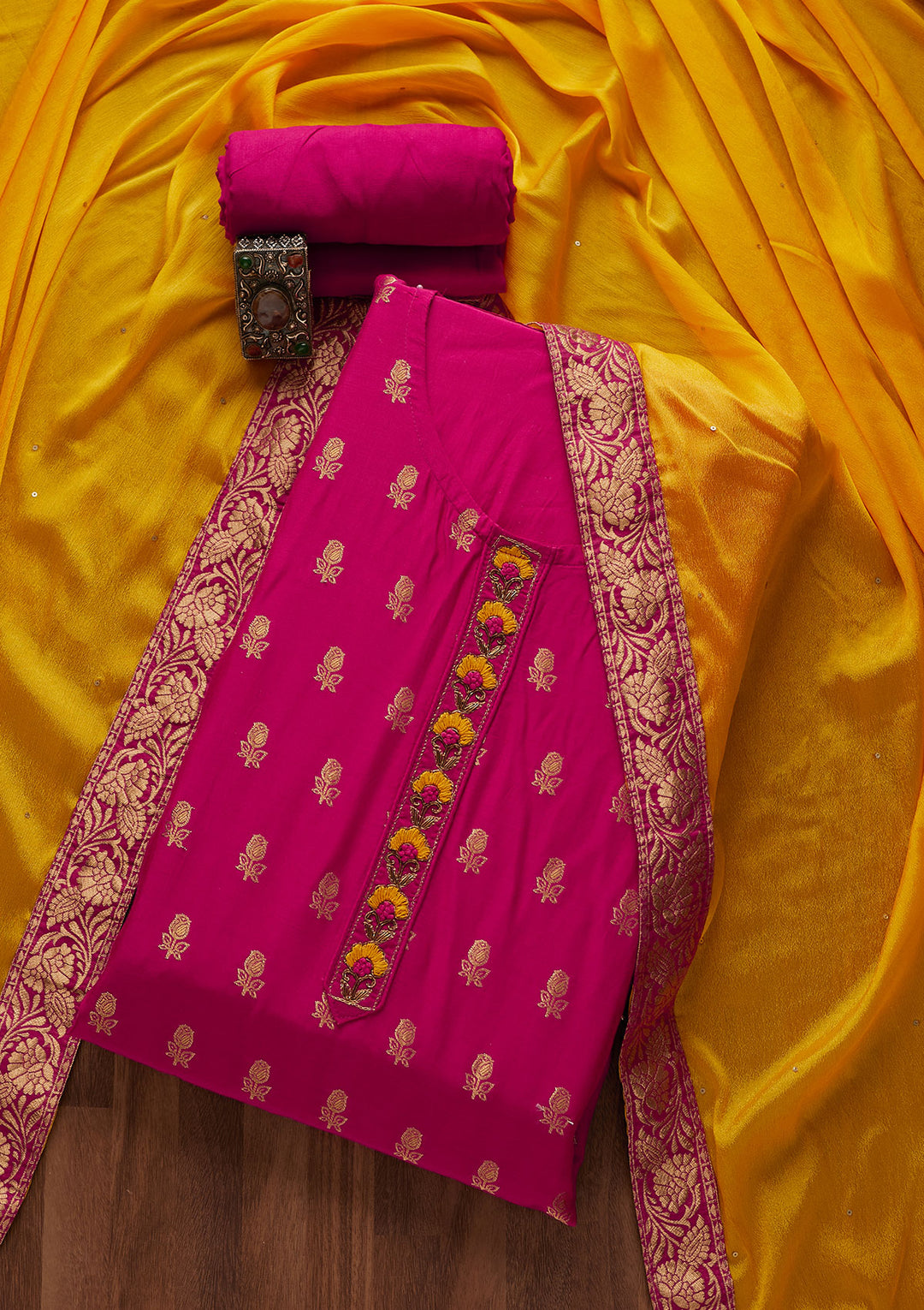 Rani Pink Zariwork Raw Silk Designer Semi-Stitched Salwar Suit - Koskii