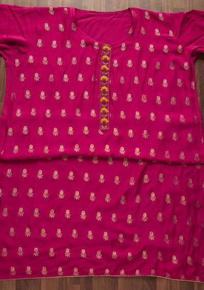 Rani Pink Zariwork Raw Silk Designer Semi-Stitched Salwar Suit - Koskii