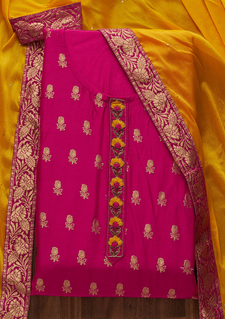 Rani Pink Zariwork Raw Silk Designer Semi-Stitched Salwar Suit - Koskii