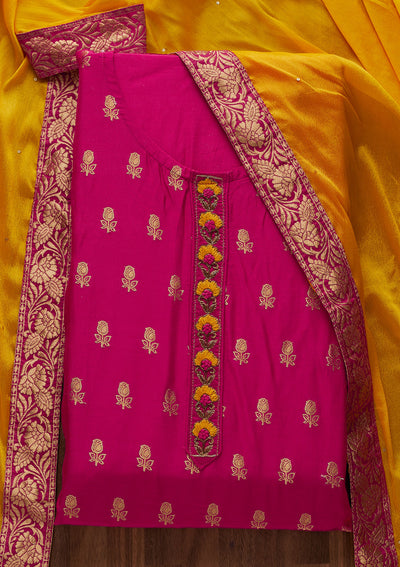 Rani Pink Zariwork Raw Silk Designer Semi-Stitched Salwar Suit - Koskii