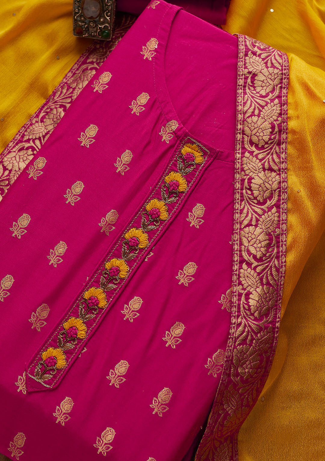 Rani Pink Zariwork Raw Silk Designer Semi-Stitched Salwar Suit - Koskii