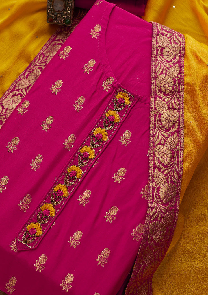 Rani Pink Zariwork Raw Silk Designer Semi-Stitched Salwar Suit - Koskii