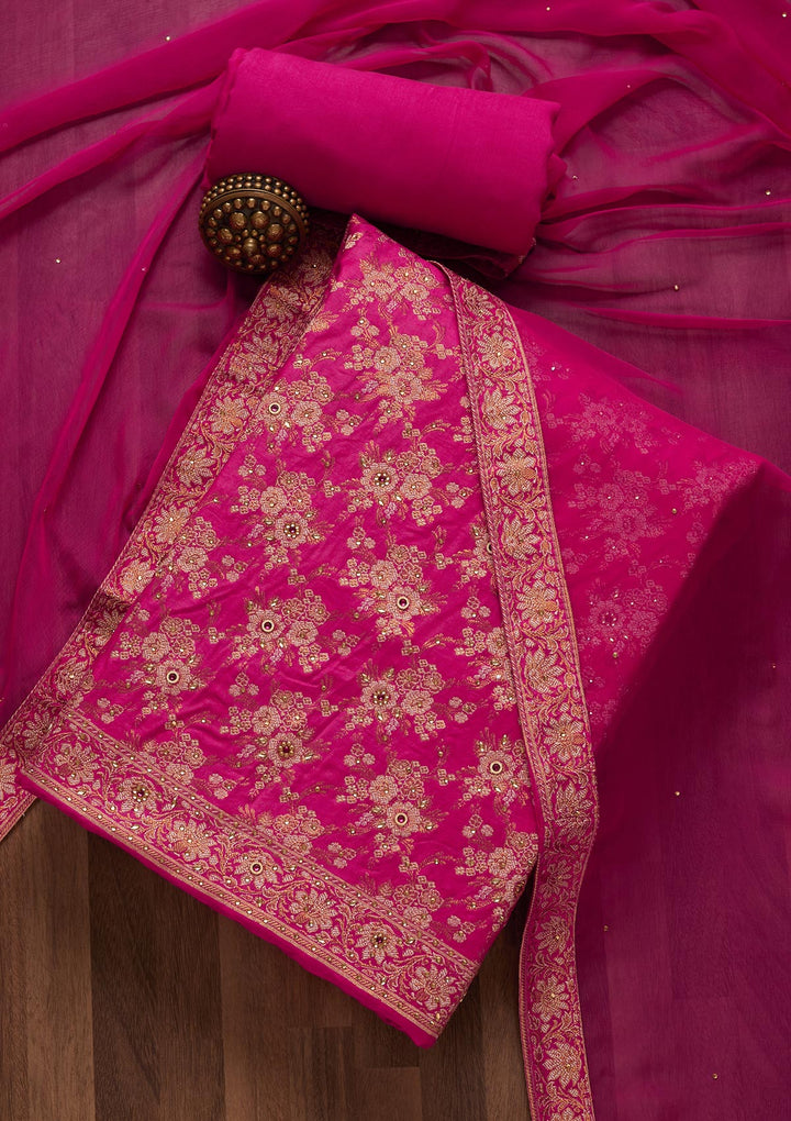 Rani Pink Zariwork Raw Silk Unstitched Salwar Suit- Koskii
