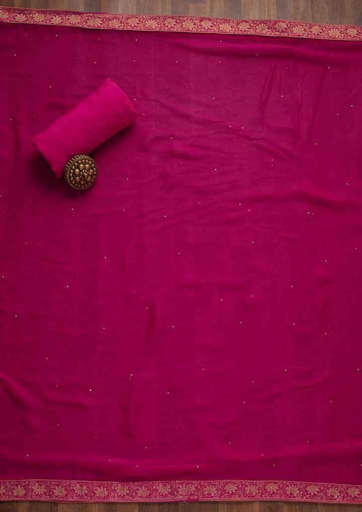 Rani Pink Zariwork Raw Silk Unstitched Salwar Suit - Koskii