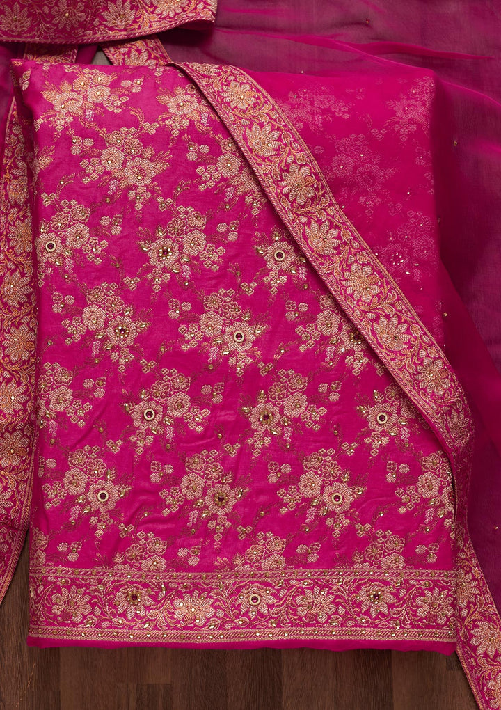Rani Pink Zariwork Raw Silk Unstitched Salwar Suit - Koskii