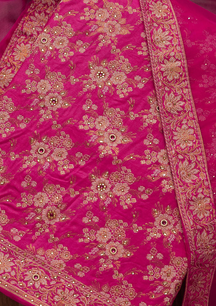 Rani Pink Zariwork Raw Silk Unstitched Salwar Suit - Koskii