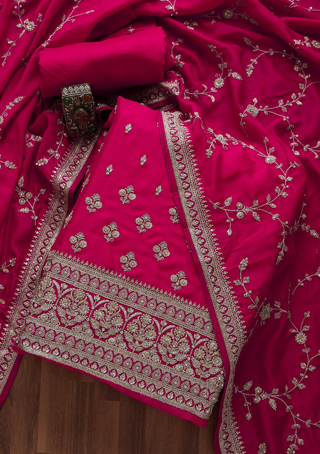 Rani Pink Zariwork Raw Silk Unstitched Salwar Suit-Koskii