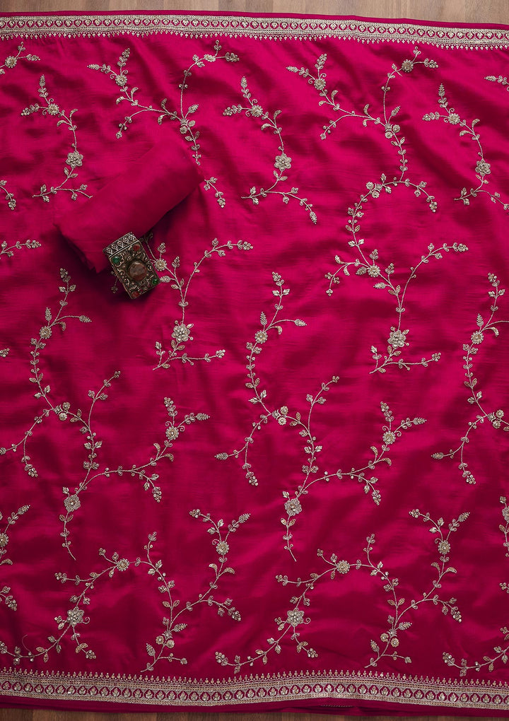 Rani Pink Zariwork Raw Silk Unstitched Salwar Suit-Koskii