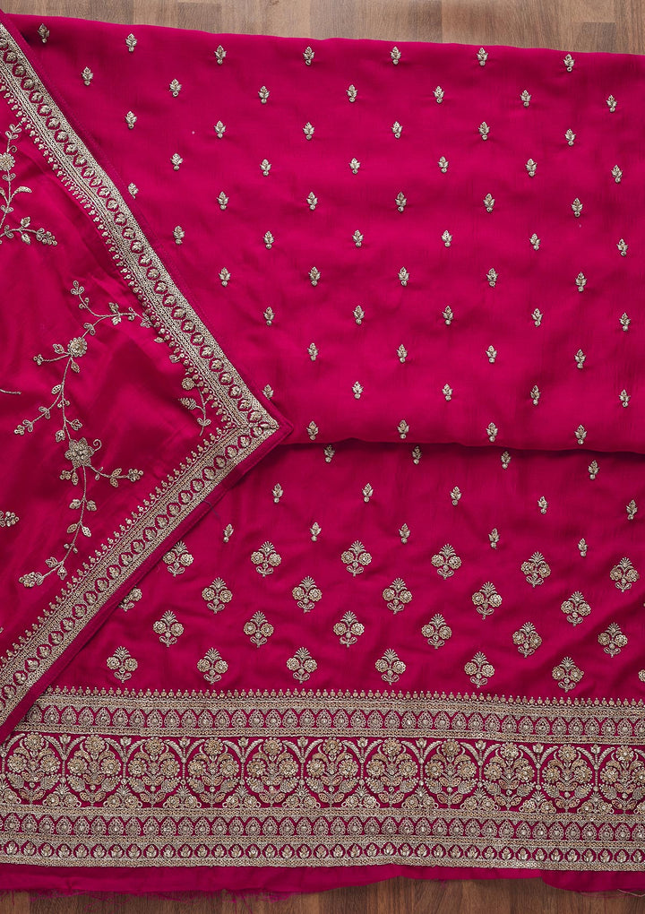 Rani Pink Zariwork Raw Silk Unstitched Salwar Suit-Koskii